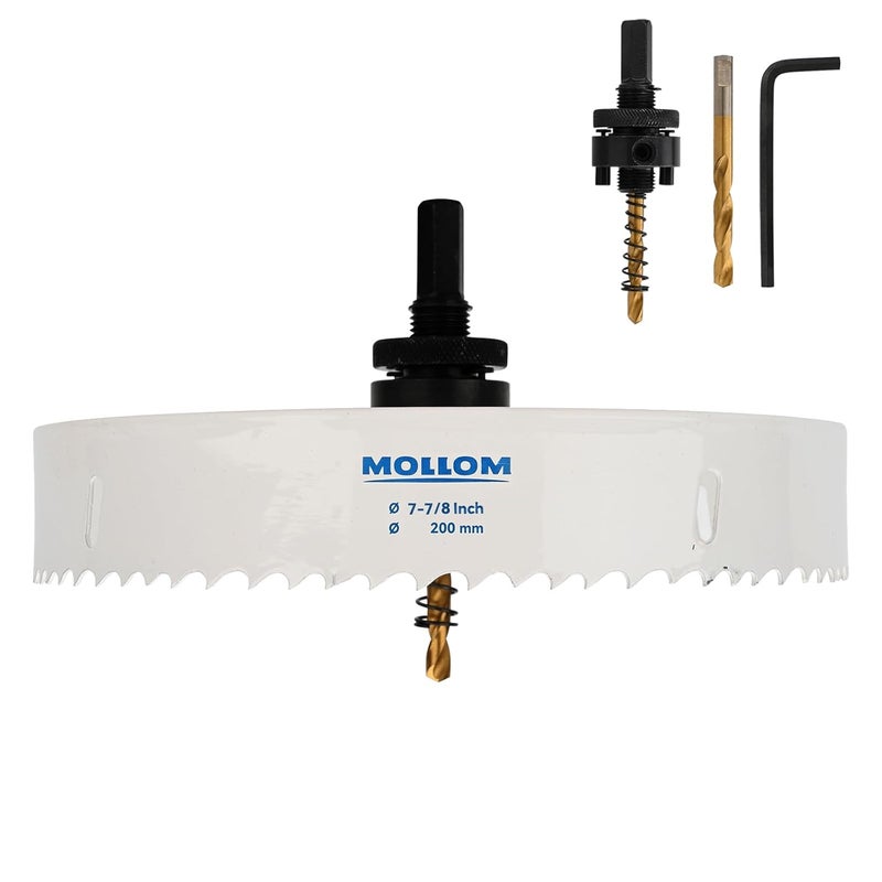 Mollom (200mm | 7-7/8") HSS M42 with 8% Cobalt BI-Metal Hole Saw with 2 Pilot Drill Bits & Arbor Smooth Cutting for PVC,Drywall,Wood,Plastic,Gypsum Board,Rubber - Image 1